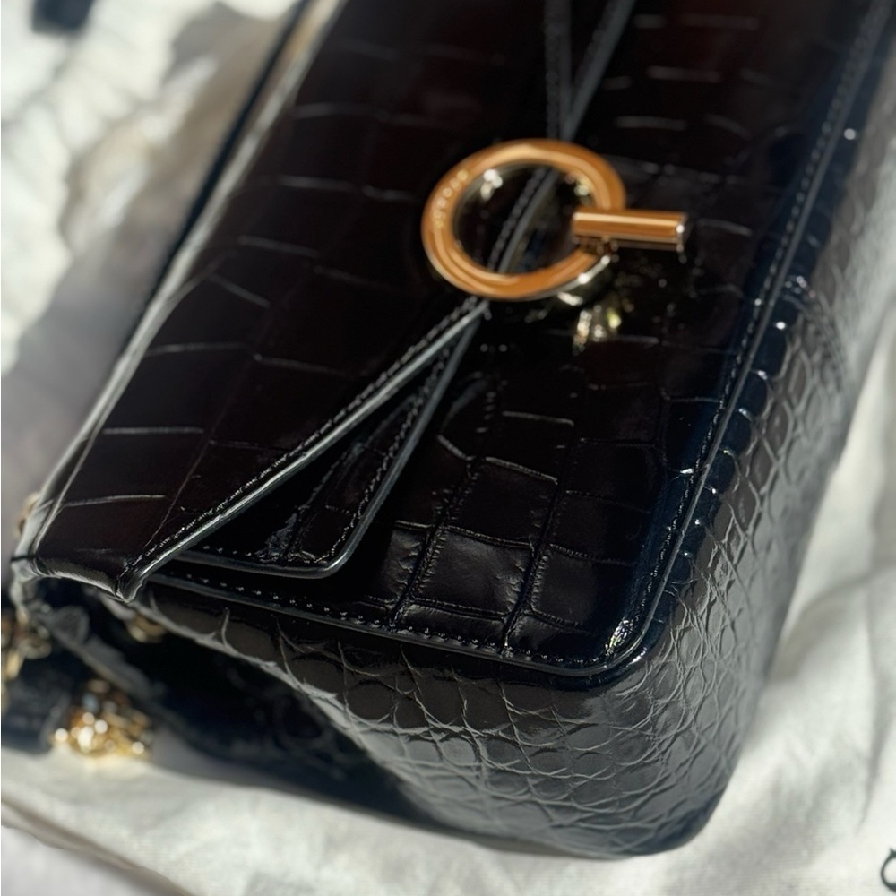 Sandro Black Croc-Embossed Patent Leather Crossbody Bag with Gold Ring Clasp - Picture 9 of 16
